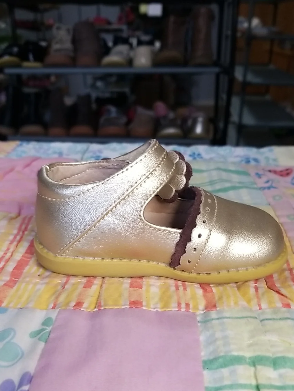 Livie & Luca Metallic Gold Mary Janes with Brown Flower Accents Size 4 Merry Bel